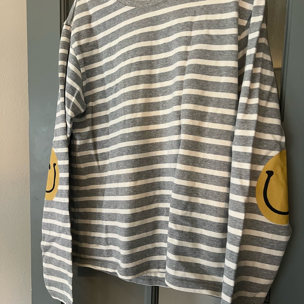 Kapital Gray and White Striped Crewneck Long Sleeved Tee